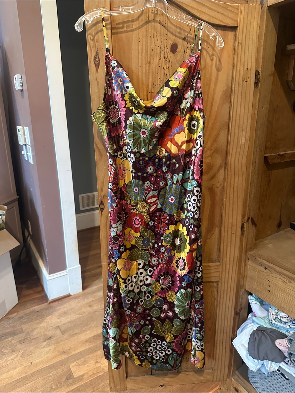 Emma & Michele Multicolor Floral Slip Midi Dress in Burgundy, Yellow, Green